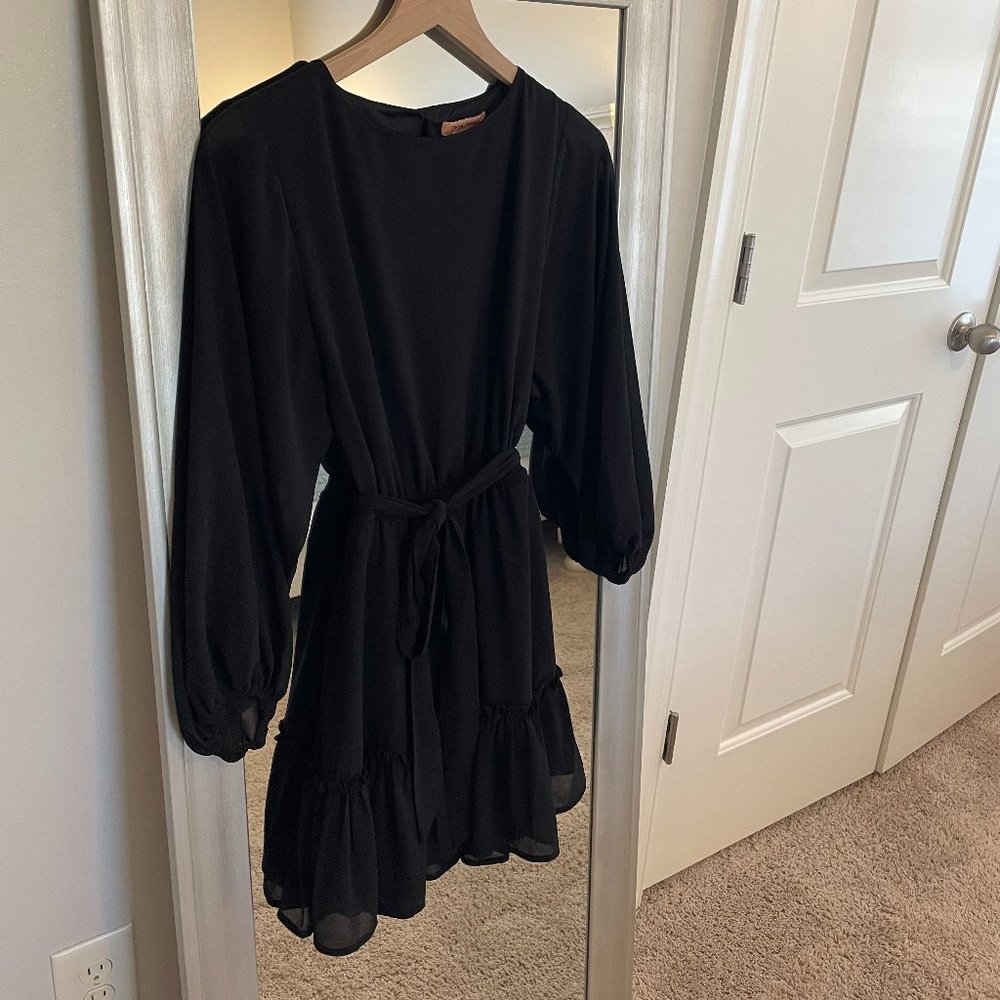 Flying Tomato Women's Black Lined Sheer Bow Tie Ruffle Hem Mini Dress Size S